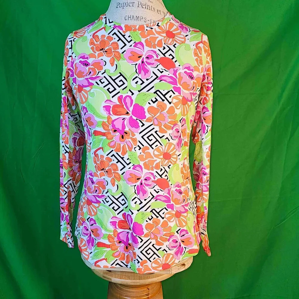 Ibkul Womens Pink Orange Floral Long Sleeve Shirt Top Small